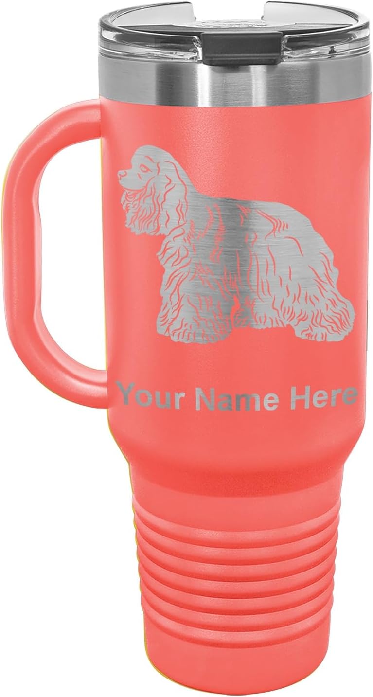 LaserGram 40oz Vacuum Insulated Travel Mug with Handle, Cocker Spaniel Dog, Personalized Engraving Included (Coral)