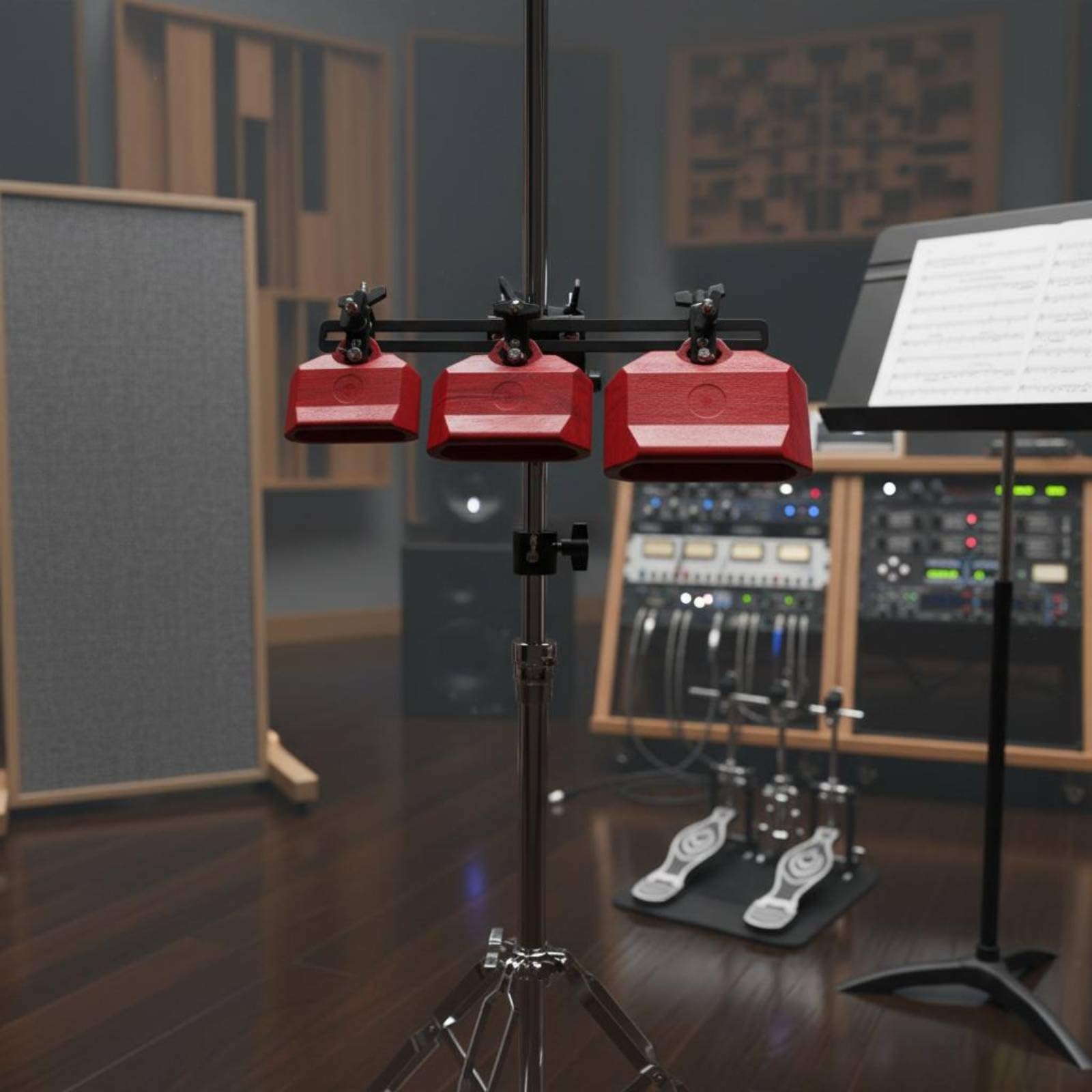 3 Pezzi Set di Campanacci da Batteria Regolabile Campanacci con Supporto Percussione Resistente Clip Campanaccio Batteria per Batteristi, Sala Prove, Rosso
