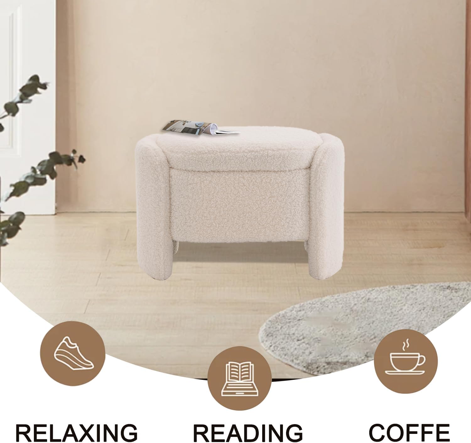 Modern Small Storage Ottoman Bench, Upholstered Vanity Stool Lamb Fleece End of Bed Stool, Storage Space Bench with Safety, Foot Rest Stool for Bedrooms, Living Room, Entryway (Beige, 28 Inch)