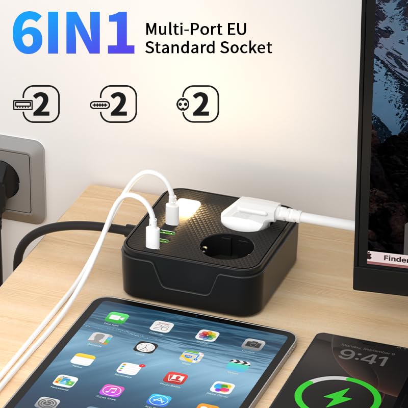 Steckdosenleiste 6-in-1 mit 2M Kabel, 2 AC-Steckdosen, 2 USB und 2 Type-C Anschlüsse, für Zuhause, Büro und Reisen