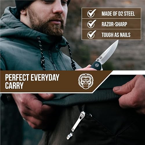 Miniatura 7 de Holtzman's Gorilla Survival Cuchillo plegable D2 hoja de acero G10 mango táctico cuchillo plegable de bolsillo EDC regalo para hombres (plateado y