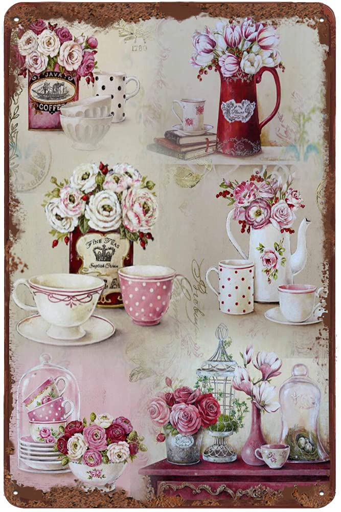 Dreacoss Floral Tea Time Vintage Tin Sign Flower Decor Antique Tea Metal Sign For Home Office Coffee Bar Club Pub Store Housewarming Gift 12X8 Inch