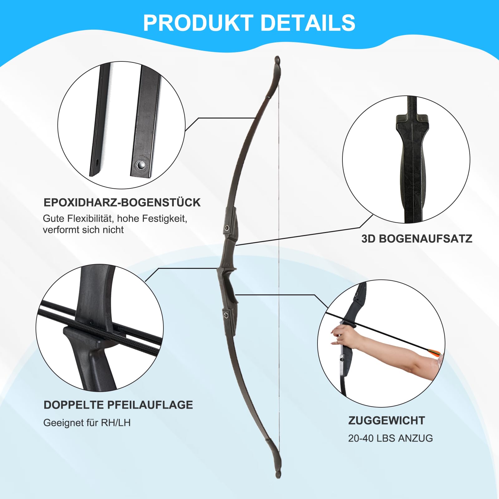 Recurve Bogen und Pfeile Set Takedown Bogen 20/30/40lbs Links und Rechtshänder Anfänger Schießen mit Bogenschießen Zubehör Langbogen Set