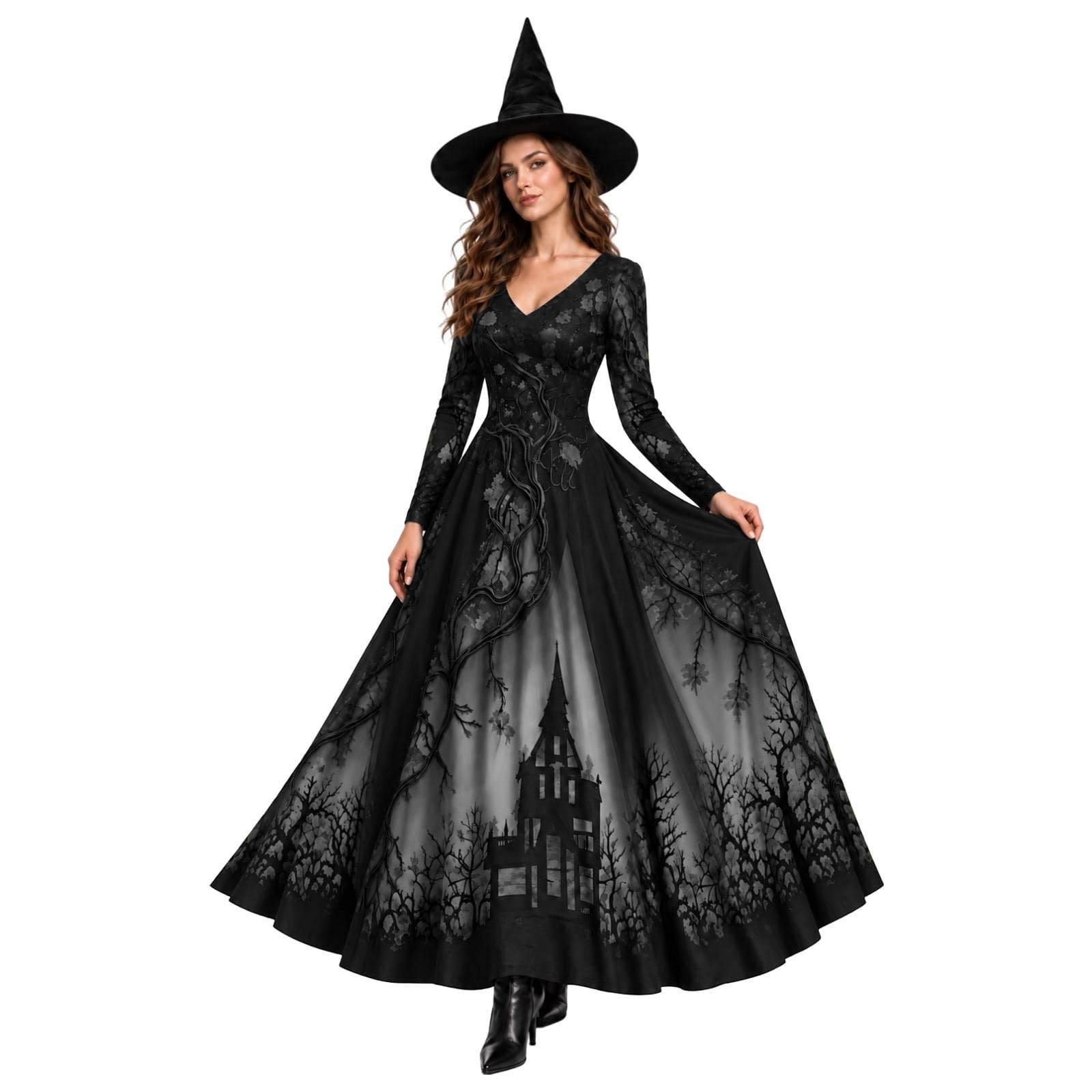 Witch Costume for Women Halloween Gothic Lace Dress Branch Print Floor Length Dresses V-Neck Long Sleeve A-Line Vampire Evening Gown for Fancy Dress Party Events Cosplay (Grey, L)