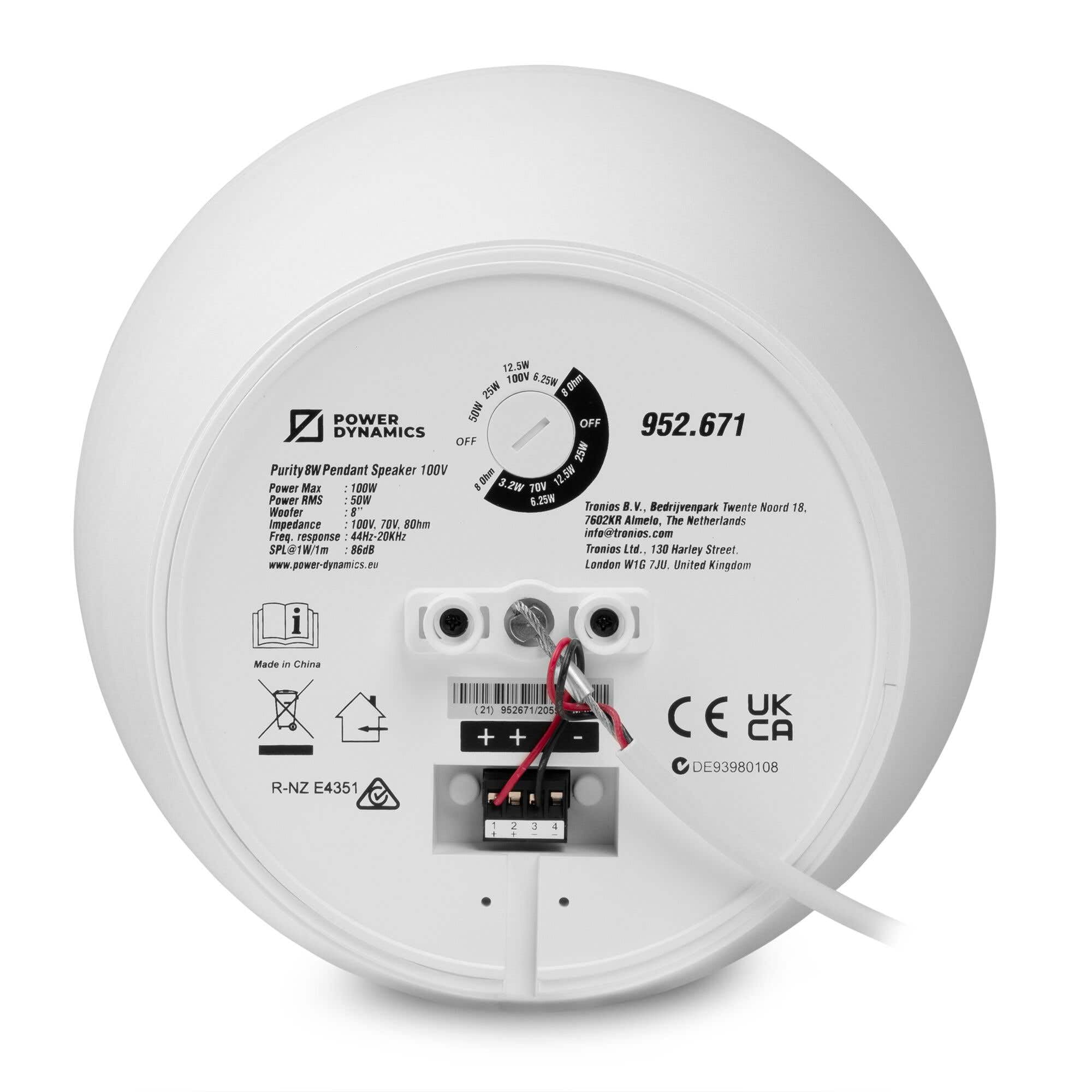 Power Dynamics Purity8W - Altavoz Colgante 100V 8 Pulgadas para Sonido Ambiental Profesional, música de Fondo, megafonía y Sistemas comerciales, Compatible con 8 ohmios y techos Altos, Color Blanco