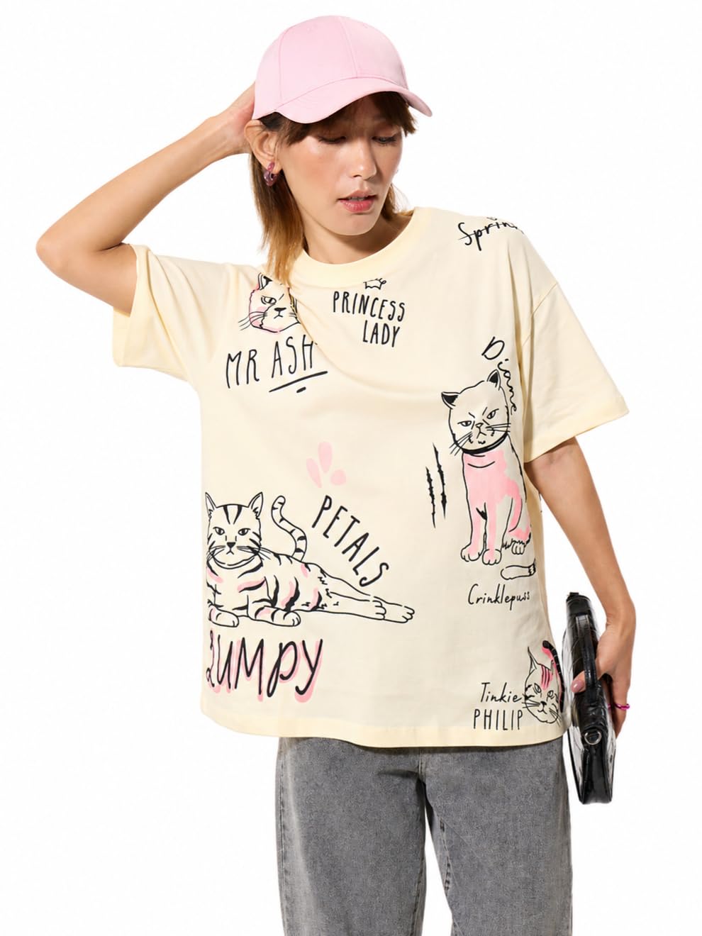 The Souled Store Official The Office: Angela's Cats Womens and Girls Oversized fit Graphic Prnited Half Sleeve Cotton White Color Oversized T-Shirts (218825) in white