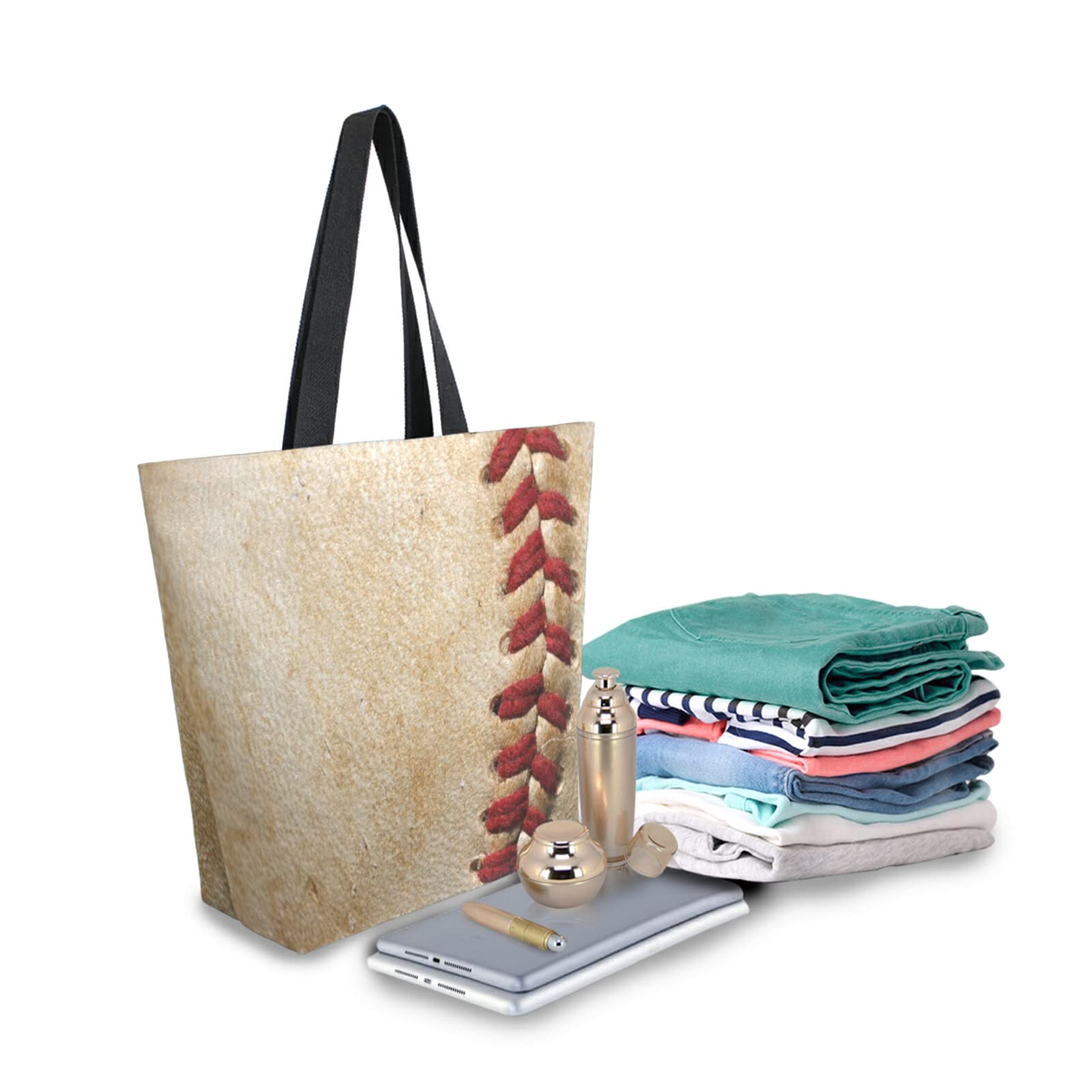 ALAZA Retro Baseball Threads Canvas Tote Bag Large Women Casual Shoulder Bag Handbag,Shopping Grocery Cotton Bag Reusable,Multipurpose,Heavy Duty For Outdoors Weekender Travel