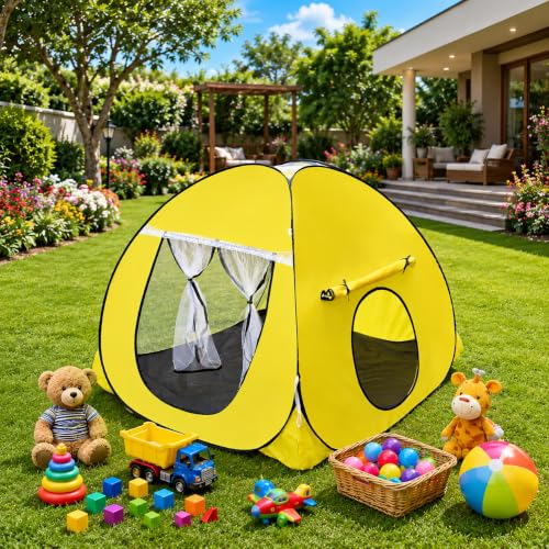 Image of SILVER SHINE Foldable Delightful Patterns Popup Kids Play Tent House for Multi Purpose|PlayTent House for up to 10 YearOld Kids Girls&Boys|Mosquito Net Design Tent for Kids-Yellow