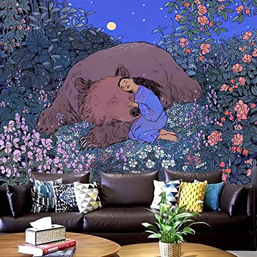 Tapisserie mandala tigre et fille vert olive 230x180 cm pour decoration murale boho