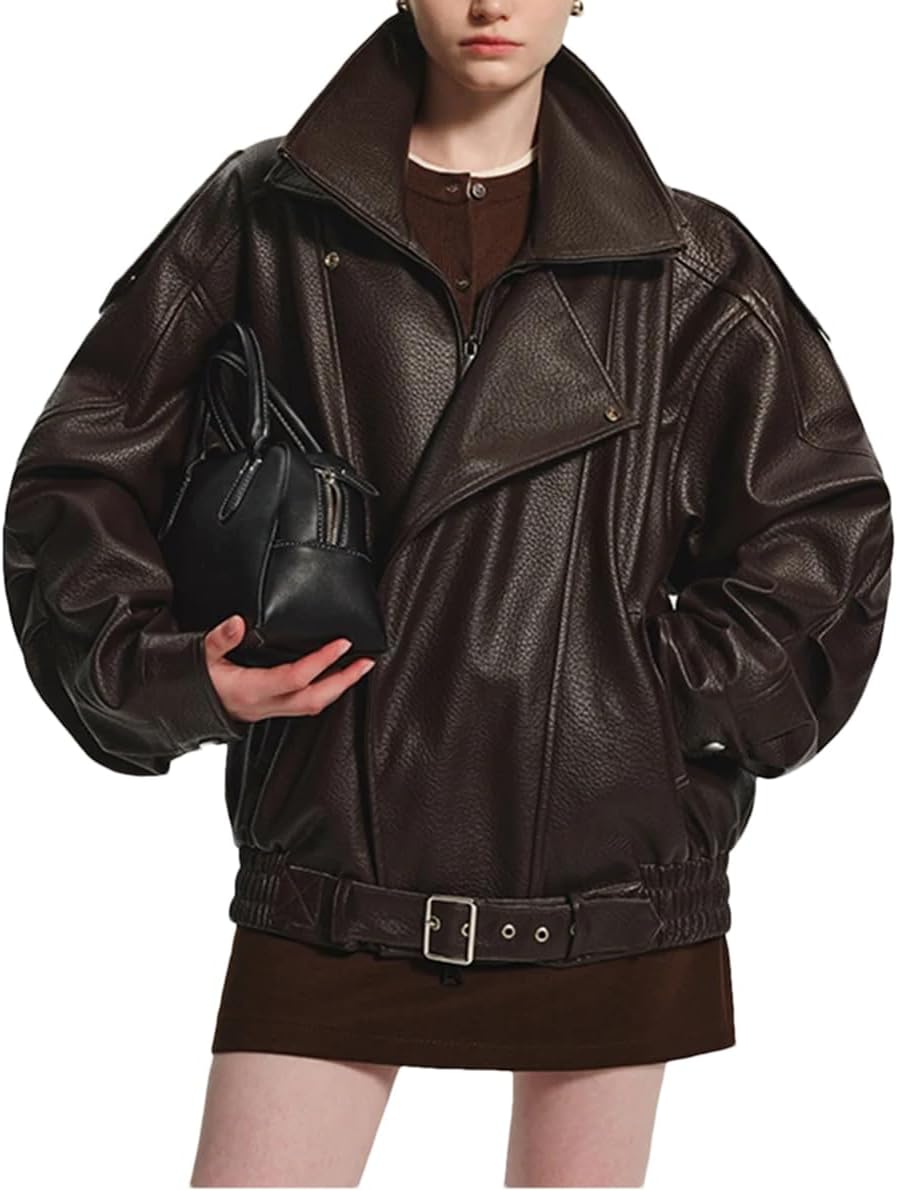 Women’S Brown Oversized PU Leather Jacket Mandarin Collar Zipper Closure Pockets Full Sleeve Coat