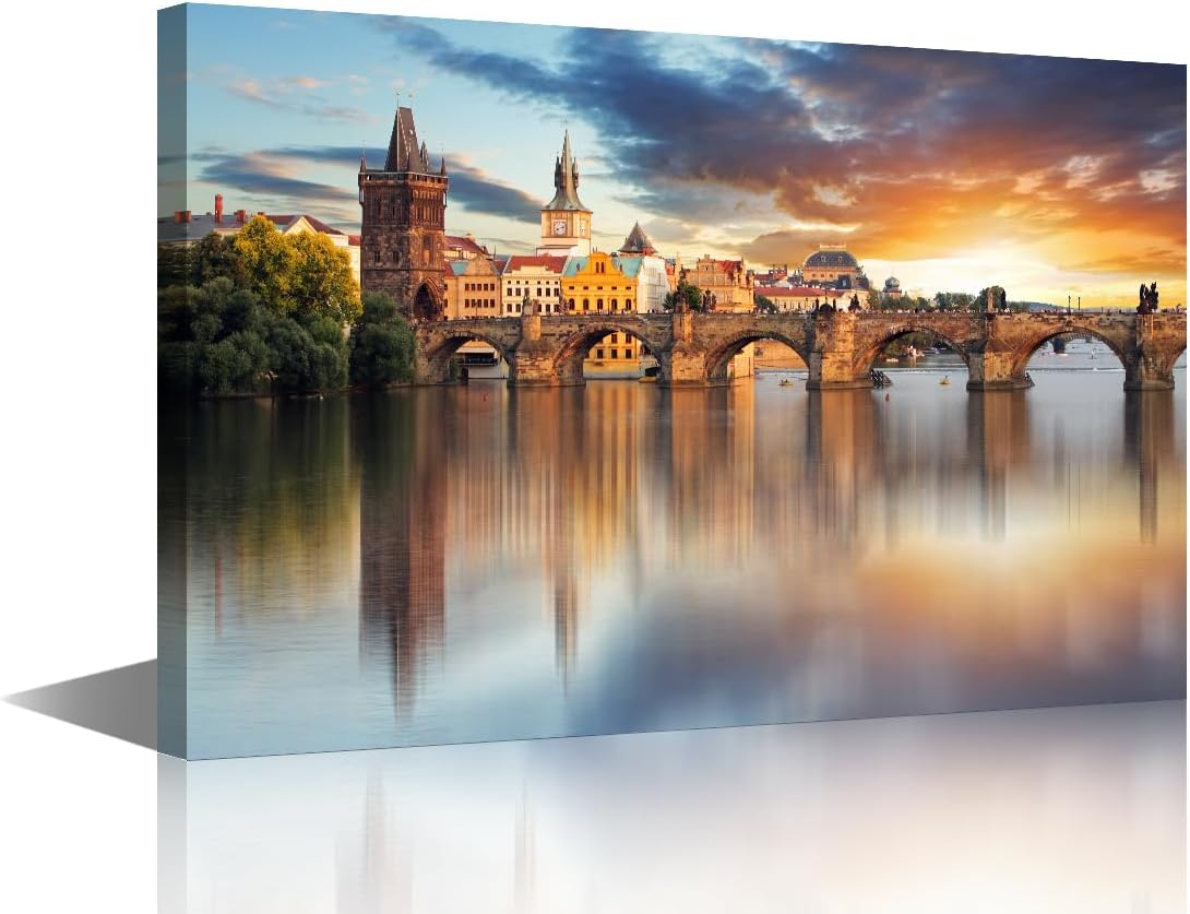 TUMOVO 1 Panel Large Wall Art Prague - Charles bridge, Czech Republic Pictures Print On Canvas for Living Room Bedroom Decoration, Modern Art Landscape Artwork Framed Ready to Hang, 36" Wx24 H