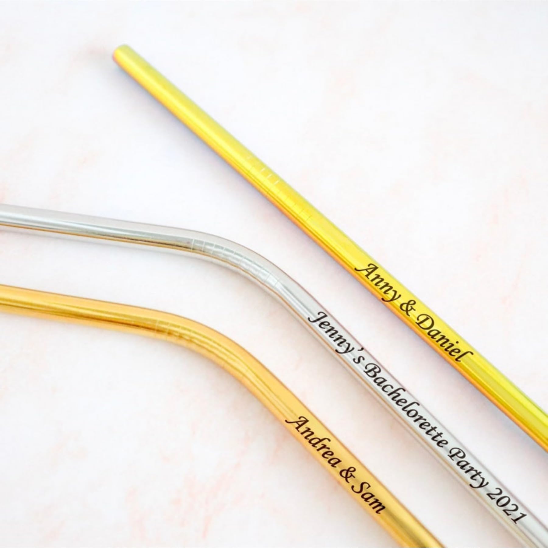Personalisiertes, wiederverwendbares Metall-Strohhalm-Set, individuelle Partygeschenke, Hochzeitsgäste, gravierte Edelstahl-Trinkhalme, umweltfreundliche Strohhalme (100 Stück)