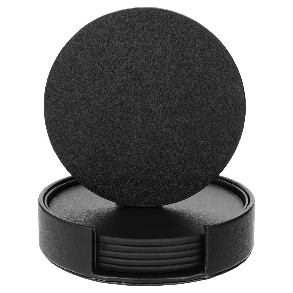 6 Packs PU Leather Coasters for Drinks with Holder, Round Drink Coasters Set PU Leather Cup Mats for Coffee Beer Tea Mug Wine Pub, Protecting Your Furniture from Scratch&Water Marks(Black)