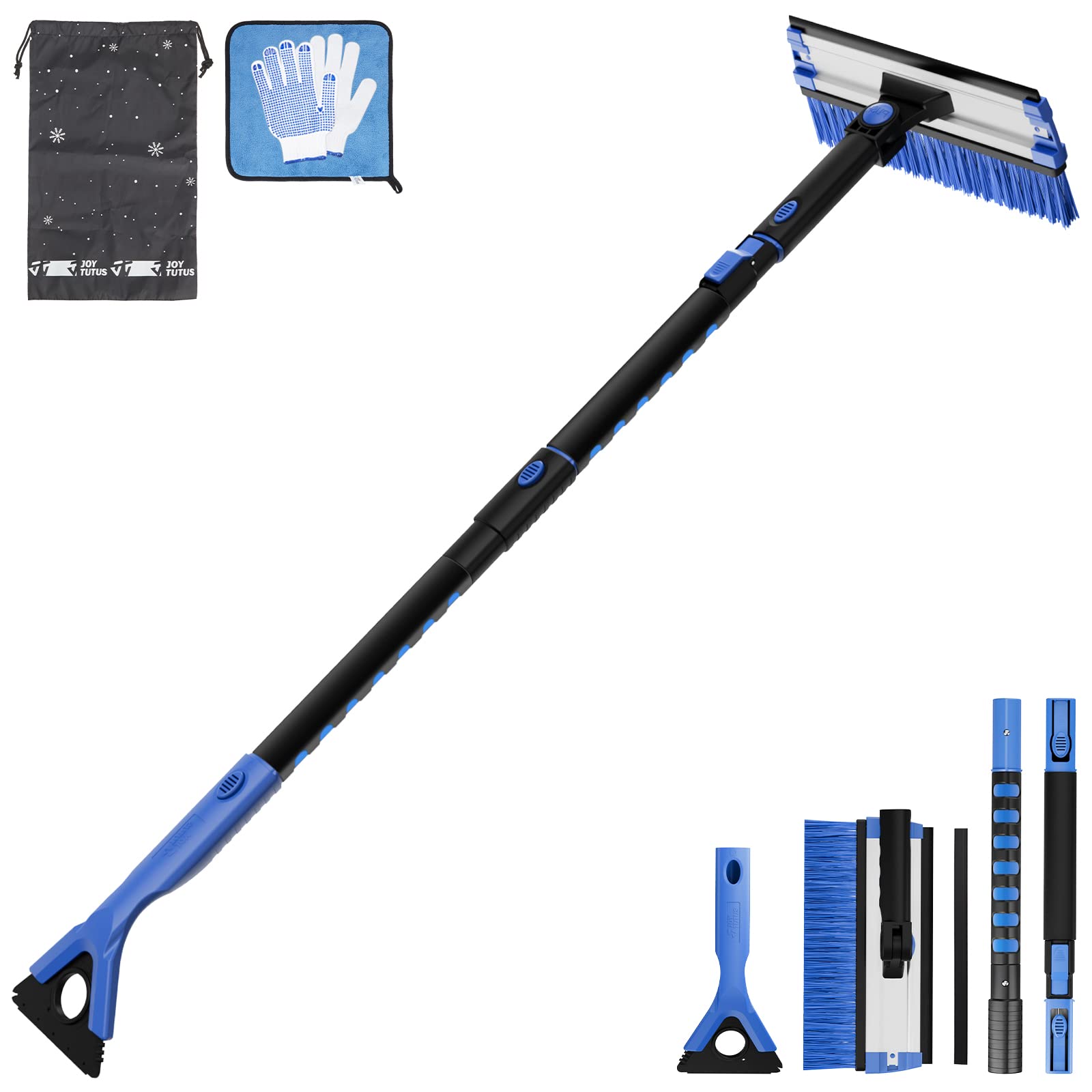 JOYTUTUS 47.7 inch Extendable Snow Brush & Ice Scraper, 270 Deg Pivoting Snow Scraper Brush for Car Windshield, Telescoping Ice Scraper, Foam Grip, Heavy Duty Snow Remover for Cars, Trucks, SUV(Blue)