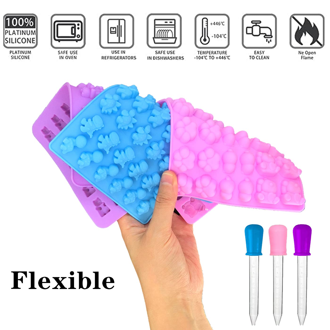 SAGOOITS Silicone Gummy Candy Molds Set - 4 Mini Shapes (Dinosaur, Bear, Heart, Donut) With Droppers - View #2