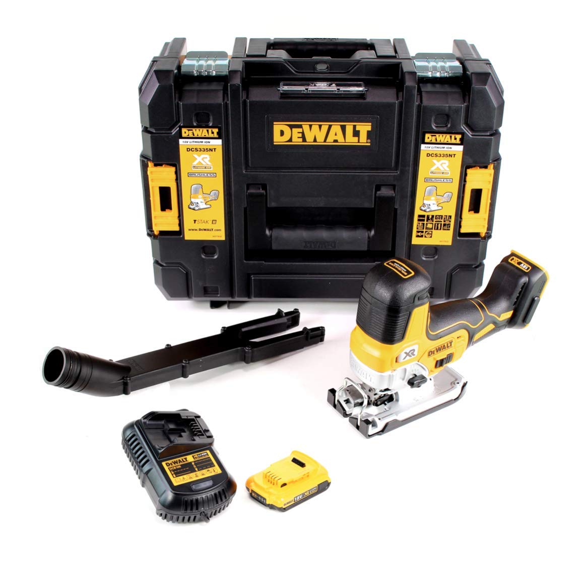 DeWalt DCS 335 D1 wyrzynarka akumulatorowa 18 V + 1 x akumulator 2,0 Ah + 1 x szybka ładowarka w technologii TSTAK