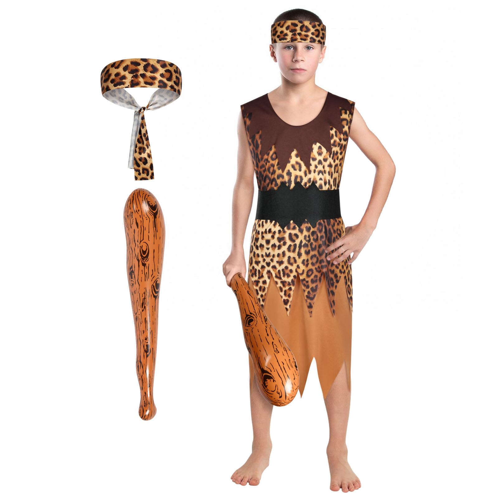 AYBUY Caveman Costume, Stone Age Themed Wild Cave Outfit for Kids Halloween Cosplay Fancy Dress, Leopard Print Robe, Belt