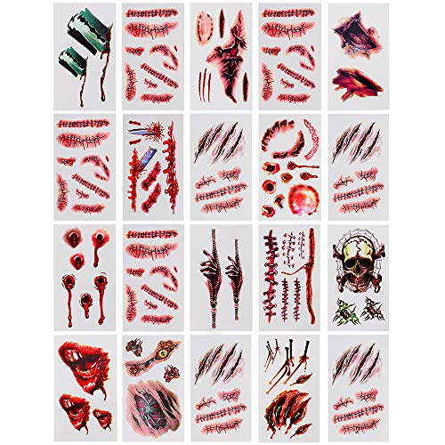Auihiay 20 Sheets 14 Styles Halloween Scar Temporary Tattoos Stickers Zombie Scar Tattoos for Halloween Cos Play Party Prop Decorations