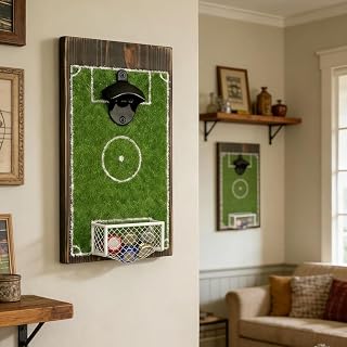 Abridor de botellas de campo de fútbol montado en la pared, abridor de cerveza de madera con recogedor de tapas, decoración de bar deportivo para hombre, cueva, garaje, verde (31 cm)