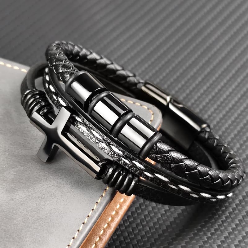 Pulsera cruz trenzada de cuero para hombre miniatura 5