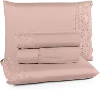 Jogo de Lençol Cama Roupa de Cama Percal 400 Fios Lese Bordado Inglês Premium Extra Macio Charme (Rosê, Casal 04 Peças)