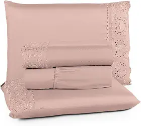 Jogo de Lençol Cama Roupa de Cama Percal 400 Fios Lese Bordado Inglês Premium Extra Macio Charme (Rosê, Casal 04 Peças)