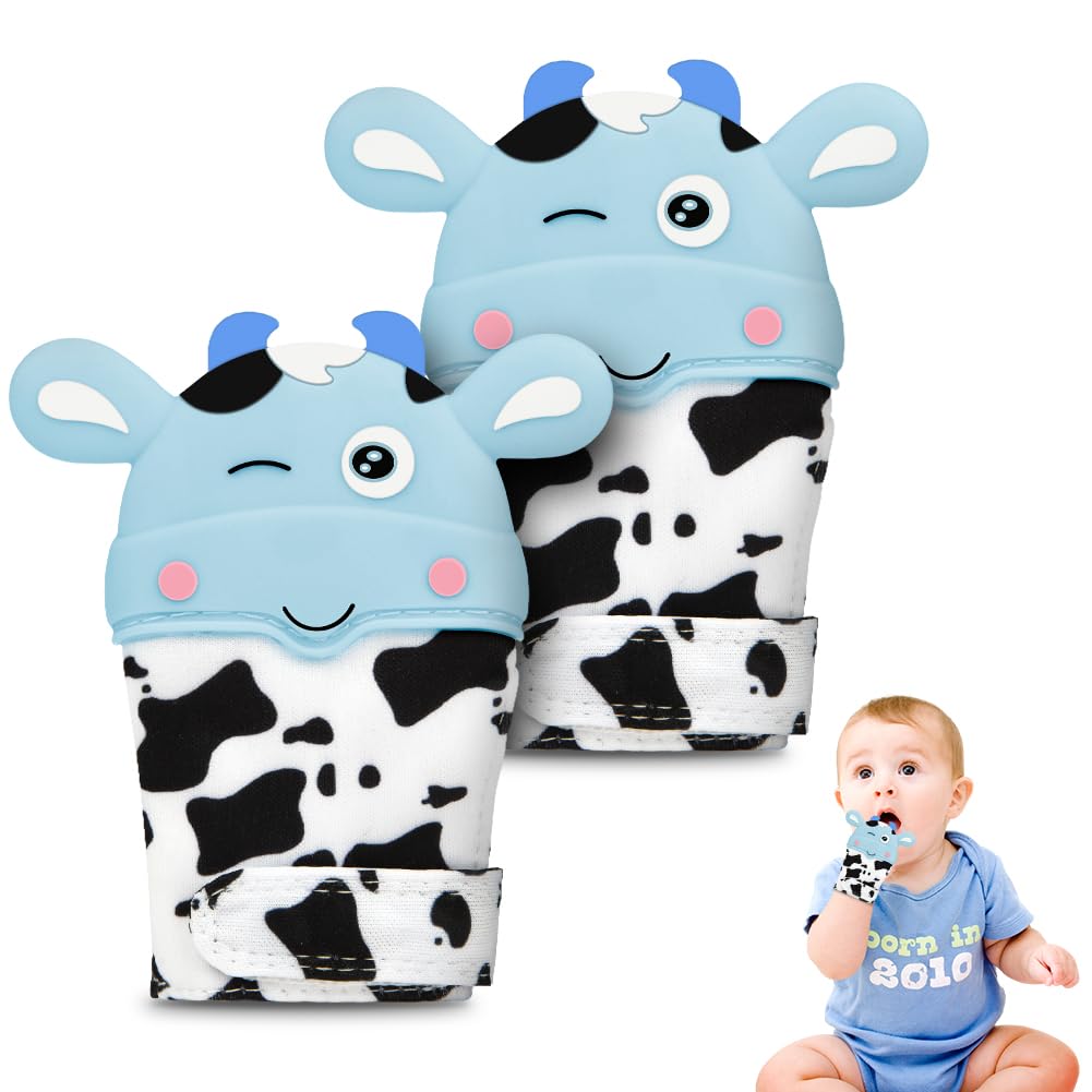 2Pack Silicone Teething Mitt, Cow Baby Teething Toy for 0-6 6-12 Months, Food Grade Silicone Infant Teething Mitten, BPA-Free Baby Chew Toys for Pain Relief, Sucking Needs
