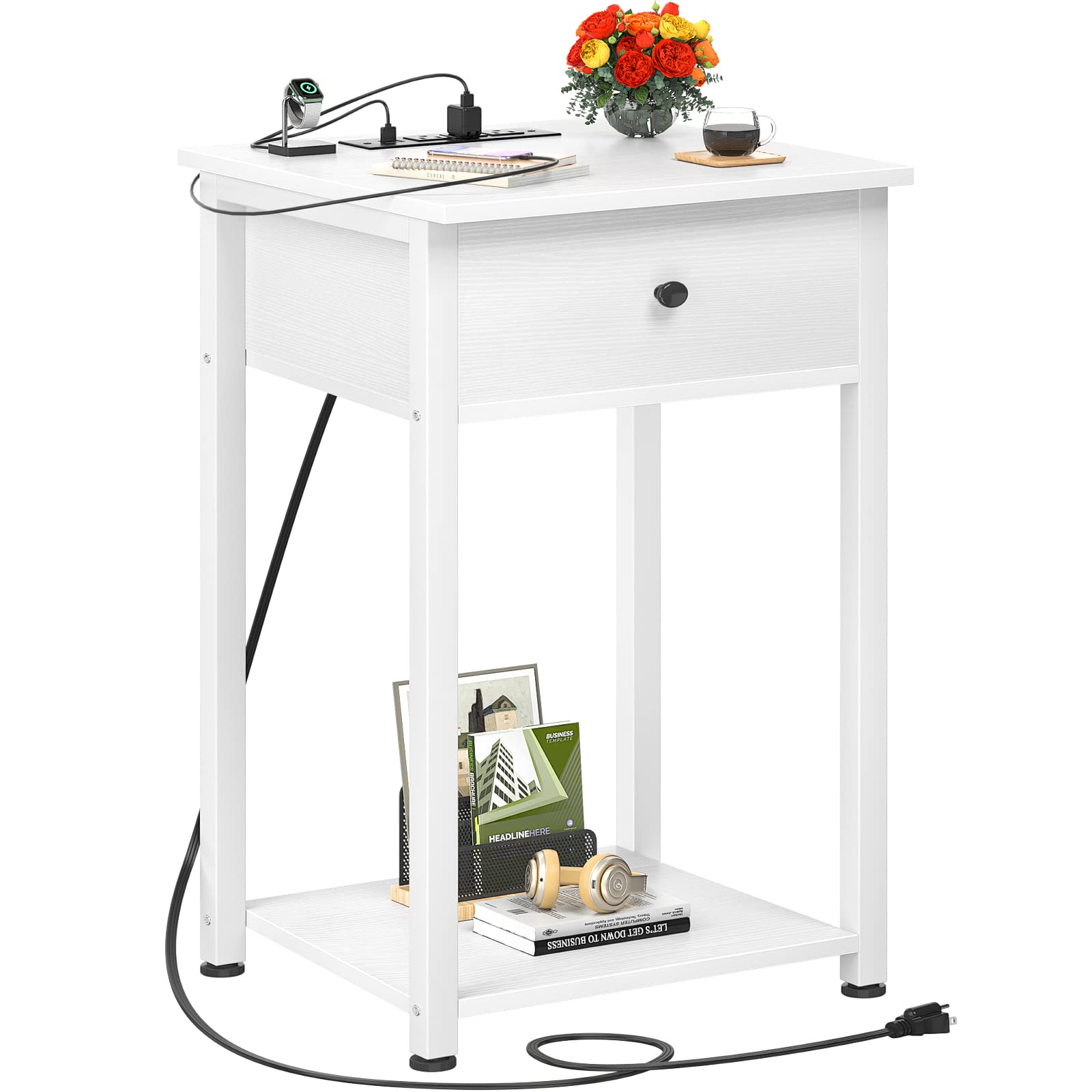 Ecoprsio Nightstand with Charging Station, White End Table Side Table