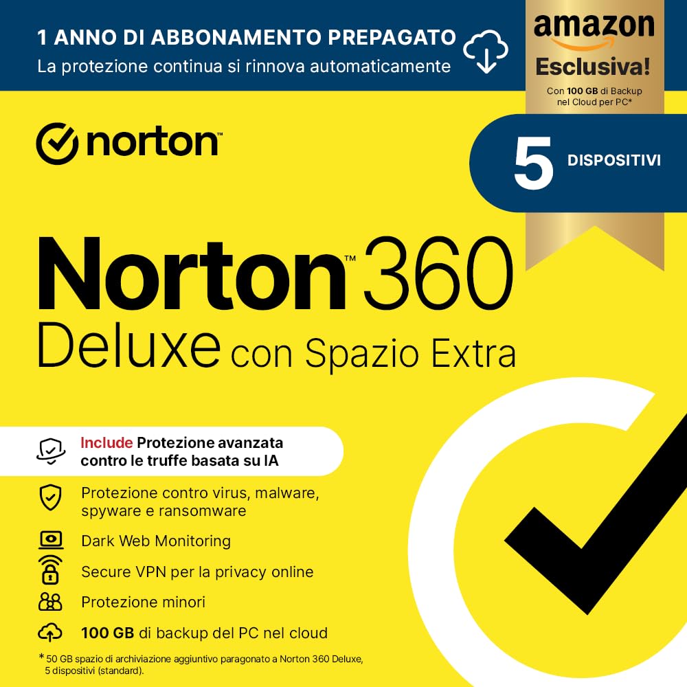 Norton 360 Deluxe | Extra Spazio Archiviazione|Esclusiva Amazon *50 GB extra Cloud Backup| Antivirus 5 dispositivi| 1 anno rinnovo automatico