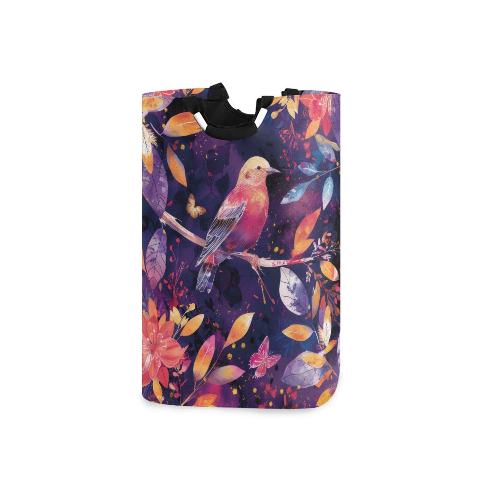 Jihqo Laundry Hamper Basket Colorful Bird Flowers Blooming Collapsible Nursery Storage Bin Waterproof Clothing Baskets for Home Bedroom Bathroom Washing Room