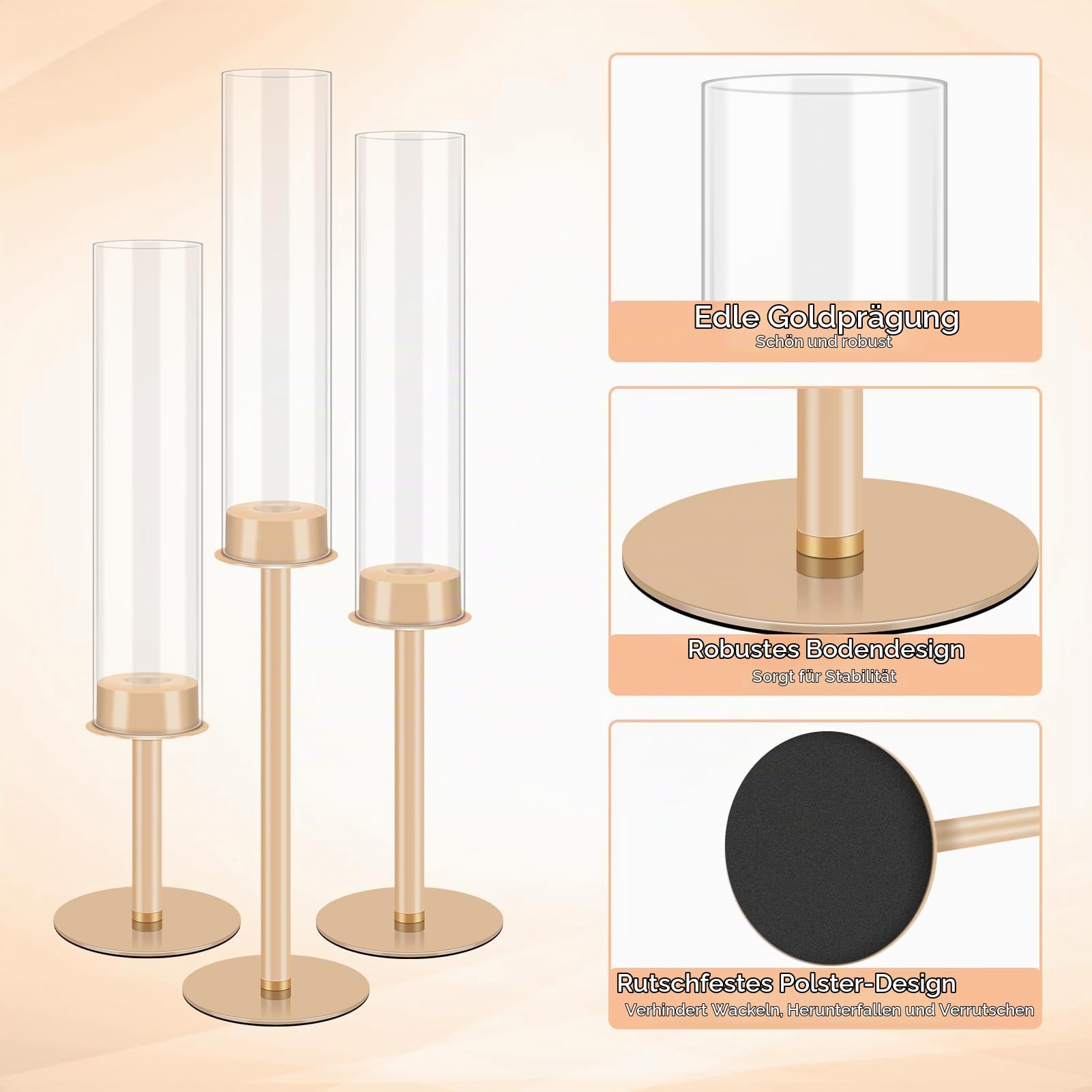 Gugxiom 6Pcs Gold Kerzenhalter, Glas Hurricane Kerzenhalter Gold, Kerzenhalter für Stumpenkerzen, für Haus Dekoration, Hochzeit, Essen, Party Dekorativ