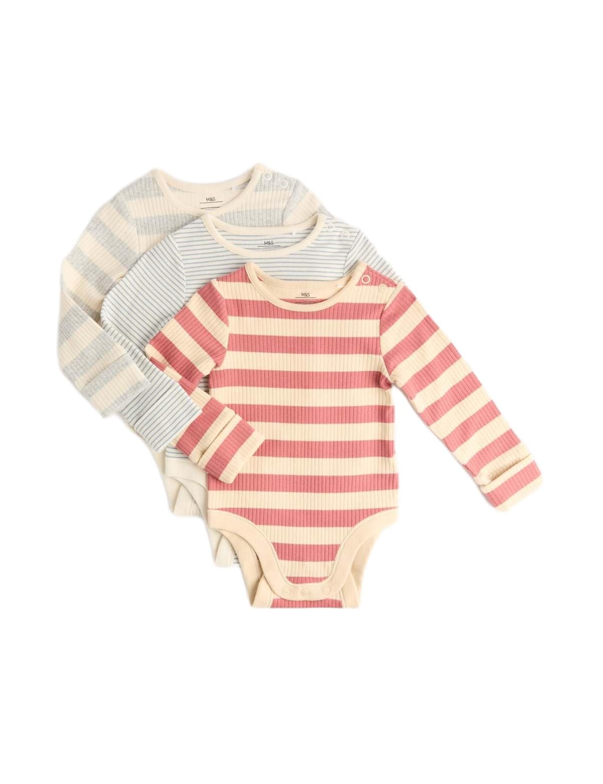 Marks & Spencer 3pk Cotton Rich Striped Long Sleeve Bodysuits (0-3 Yrs)-picture-13