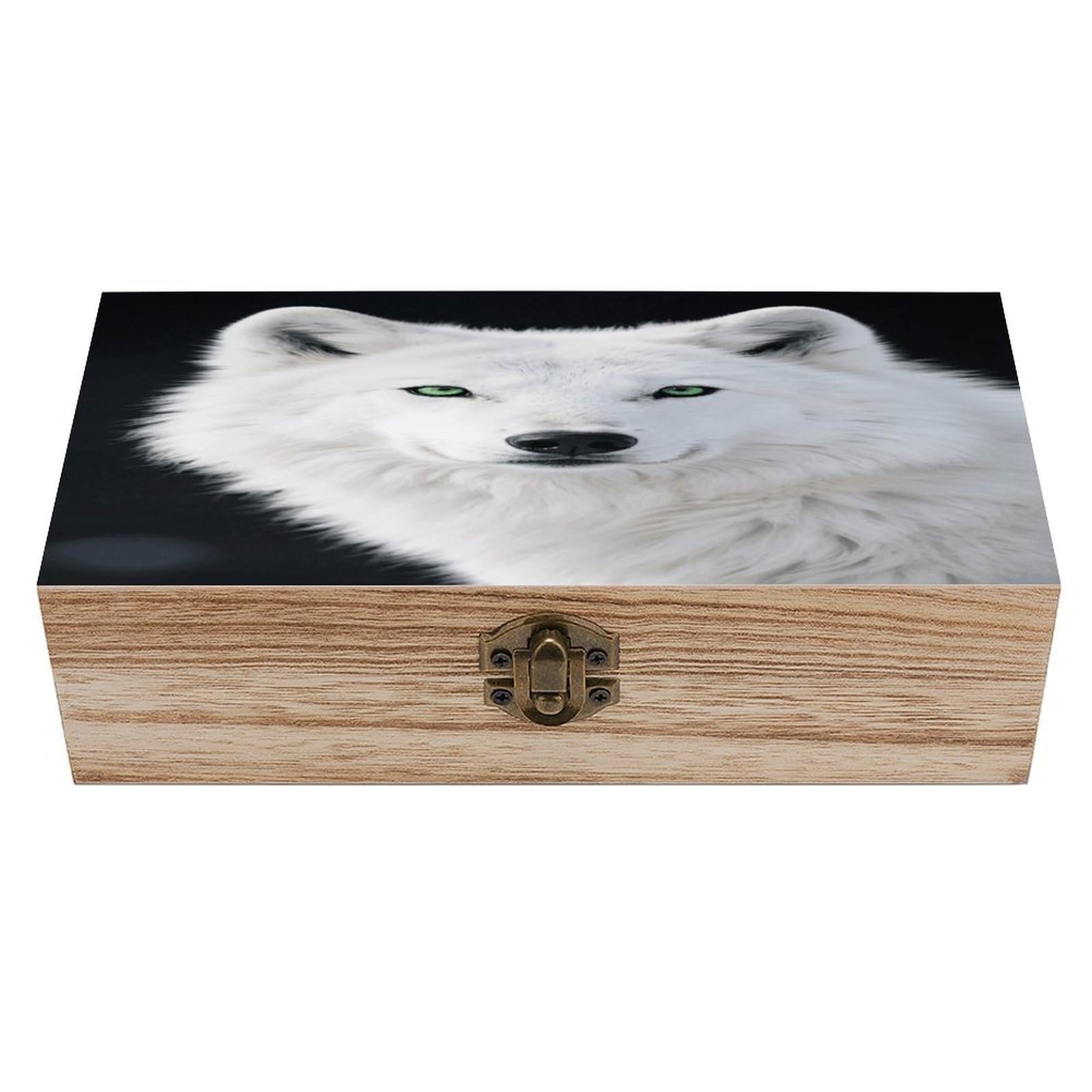 VstaDank Cool White Wolf with Green Eyes Wooden Storage Box Decorative Jewelry Case with Lids Exquisite Wood Box Letters Gifts Acacia Wood Boxes Fashion Wooden Keepsake Boxes for Men Women