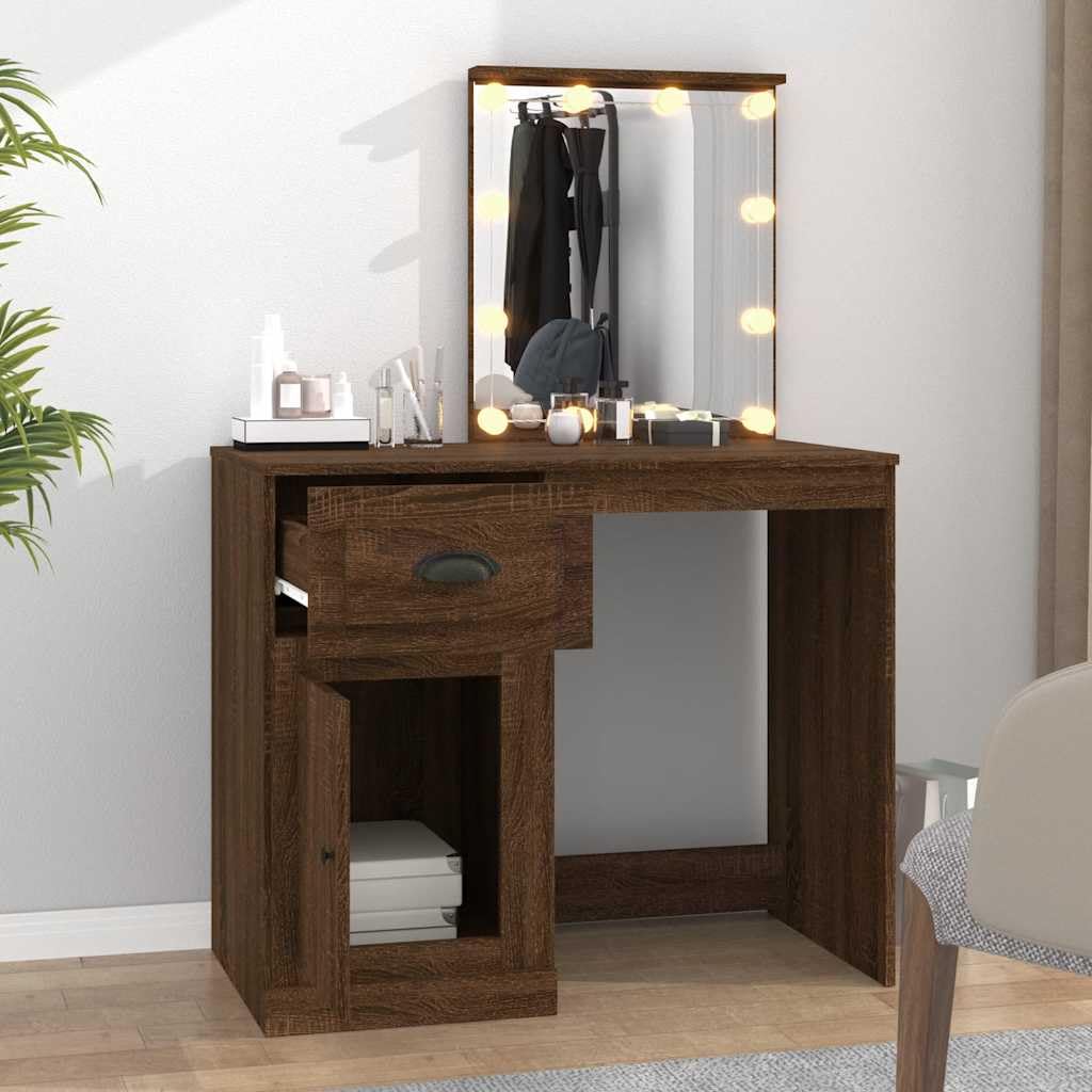 Tocador con LED marrón roble 90 x 50 x 132,5 cm con espejo, cajón y taburete, iluminación LED, espacio de almacenamiento y estante para dormitorio, vestidor, niña