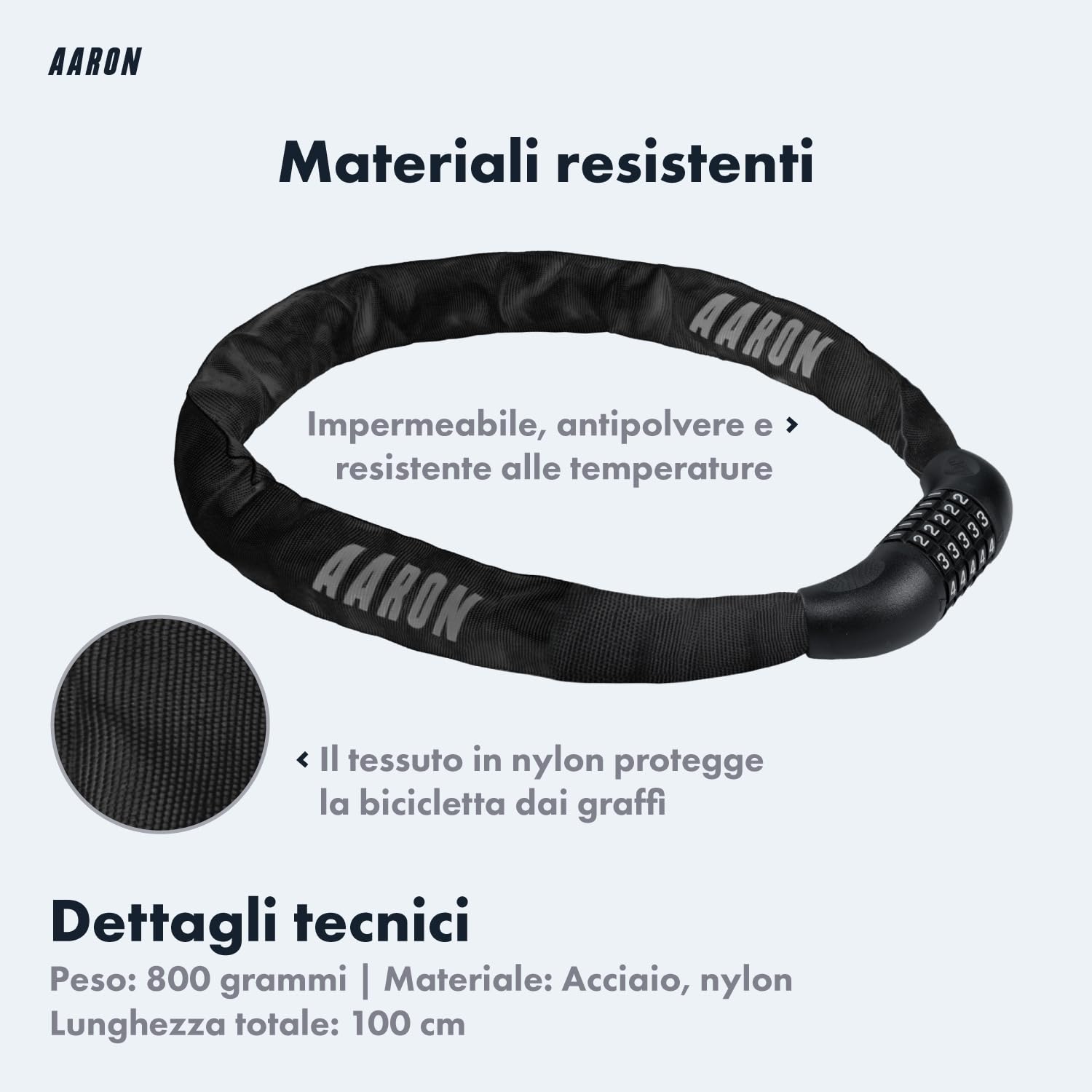AARON Lock One - Catena antifurto per bicicletta con codice a 5 cifre - lucchetto in metallo e alta sicurezza - per mountain bike, da trekking, da turismo, da corsa, veicoli elettrici