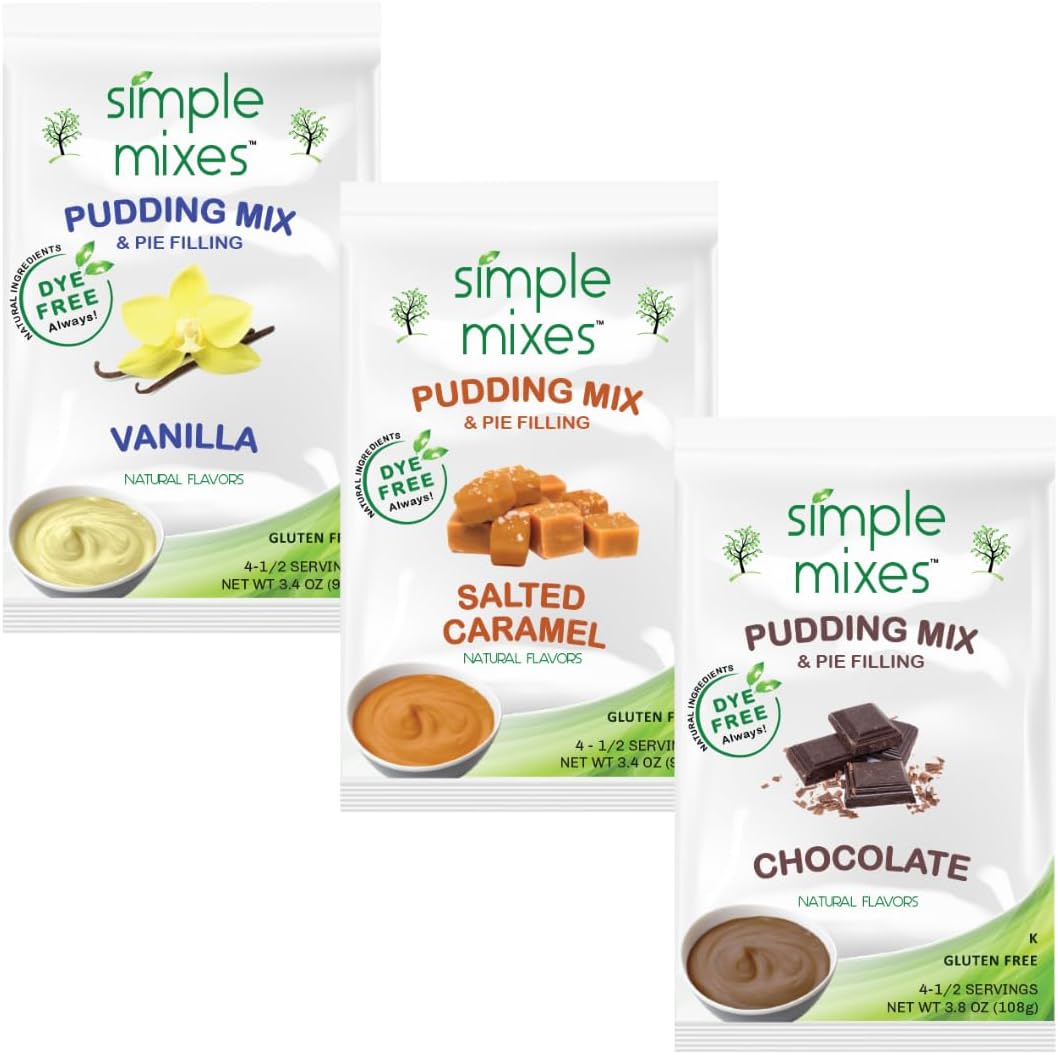 Natural Instant Pudding & Pie Filling Mix, Vanilla, Chocolate, Salted Caramel, Gluten and Dye-Free, No Fat, or Lactose, Kosher, Variety 3 Pack