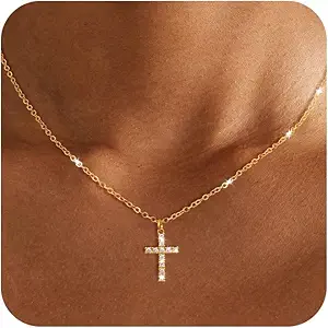 Cross Necklace for Women - Dainty Necklaces Trendy Small 14K Gold Plated Hypoallergenic Infinity Crown Cross Cubic Zirconia Pendant Box Rope Chain Necklace for Women Non Tarnish Jewelry Gift