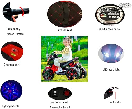 Miniatura 7 de Juguete de motocicleta para niños de 12 V con ruedas de entrenamiento, acelerador manual, luces LED, asiento de poliuretano suave, funciona con