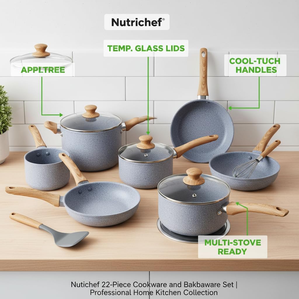 Nutrichef 22-Piece Cookware and Bakeware Set | Professional Home Kitchen Collection with Multi-Sized Pots, Pans, Non stick and Heat-Resistant Tools (Moon Grey Marble)