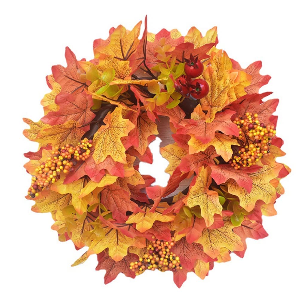 Artificial Autumn Wreath Front Door Wreath with Maple Leaves Red Berry for Halloween Thanksgiving