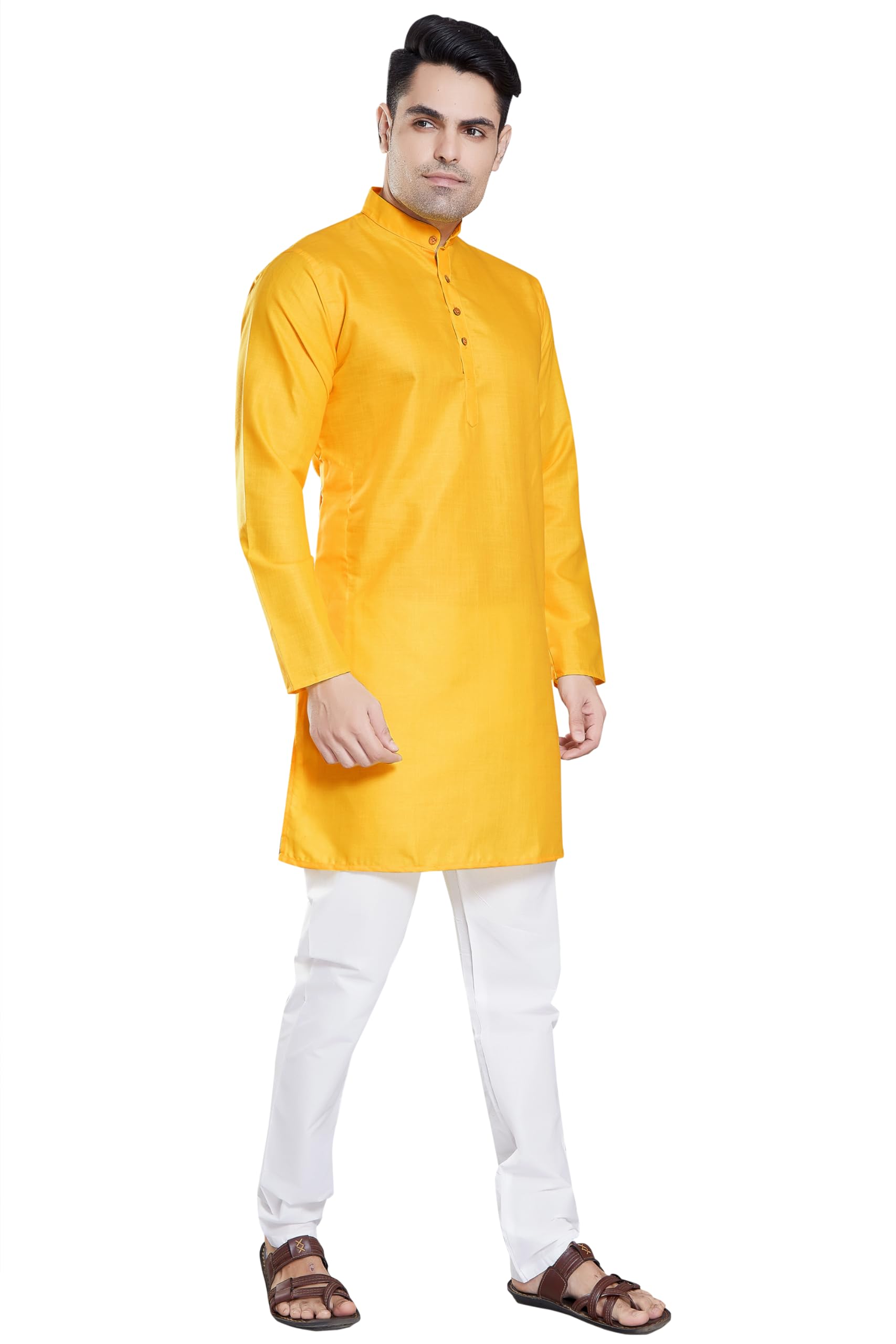 Divisive Men's Plain Cotton Blend Linen Slim Fit Kurta Pyjama Set (Dkrt60_M_Mango)