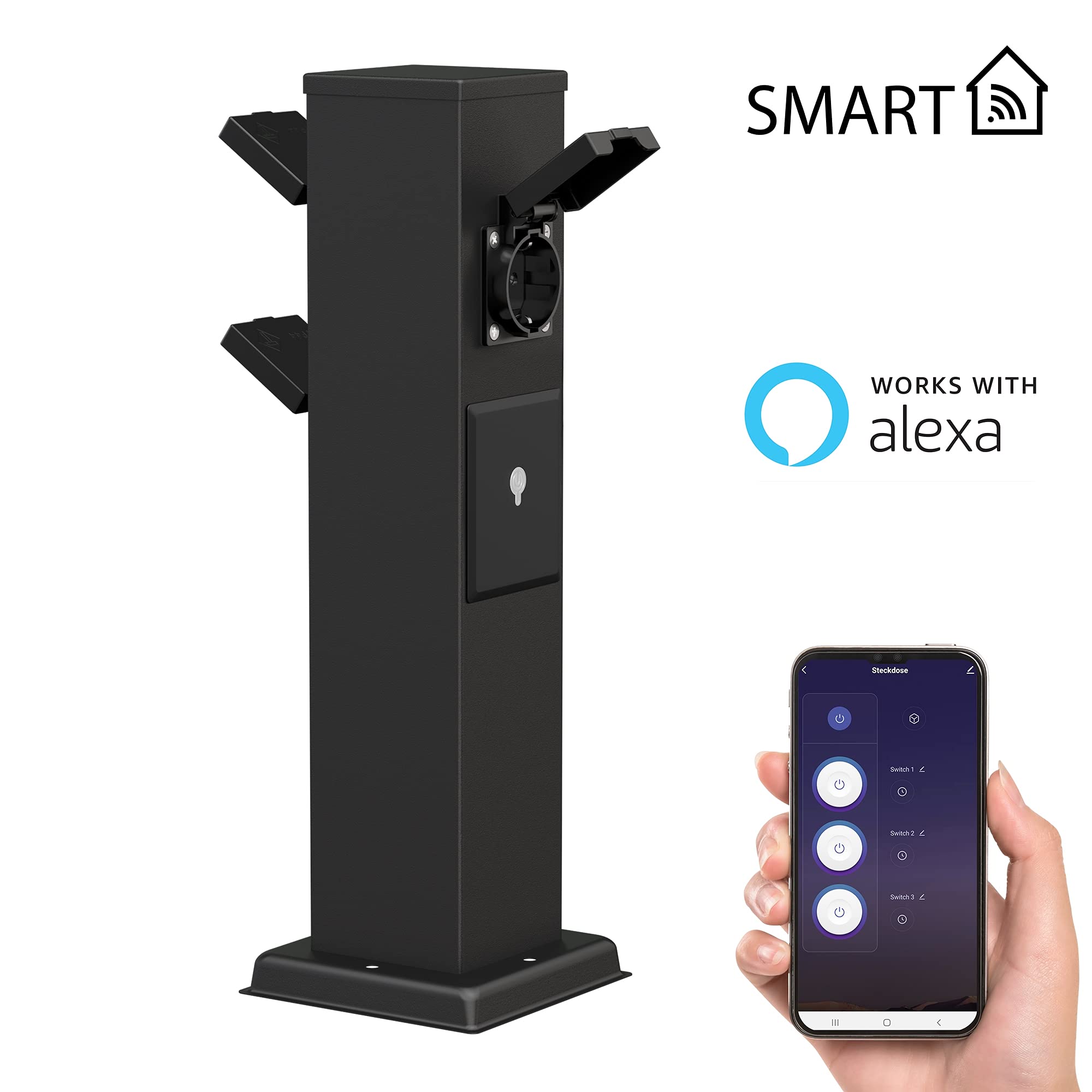 ledscom.de Enchufe de jardín Polly Negro con piqueta de Tierra y Cable de 2m para Exteriores, 3 vías, Smart Home, Acero Inoxidable, Cuadrado, 38cm