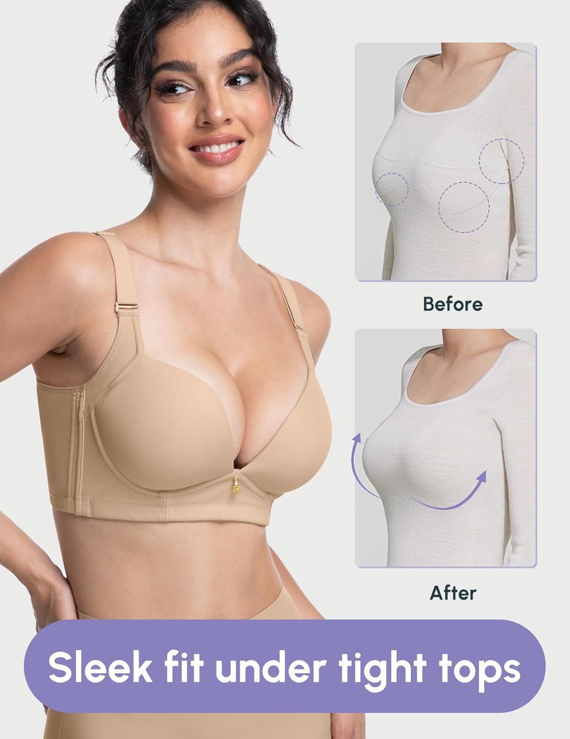 FallSweet Wireless Add 2 Cups Padded Plunge Bras Back Smoothing Push Up Brasieres - Image 3