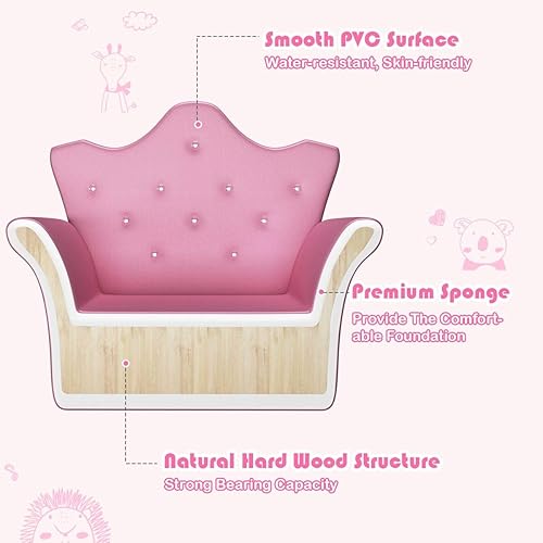 Miniatura 4 de HONEY JOY Sofá para niños, sofá tapizado de princesa con otomana, piel de PVC y cristal incrustado, muebles de dormitorio para bebé niña (rosa)