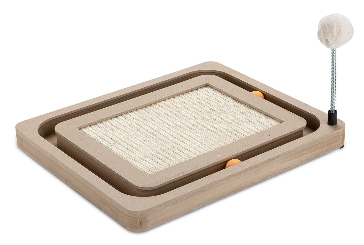 Happet Katzenkratzer 40x30x76,5cm Dunkelgrau Hoch-Sisalsäule & Kugelbahn mit Bällen, Stabiler Kratzbaum mit Ablage & 2 Pompons, Kratzmöbel zur Krallenpflege & Aktiv-Spaß für Katzen Schlafplatz