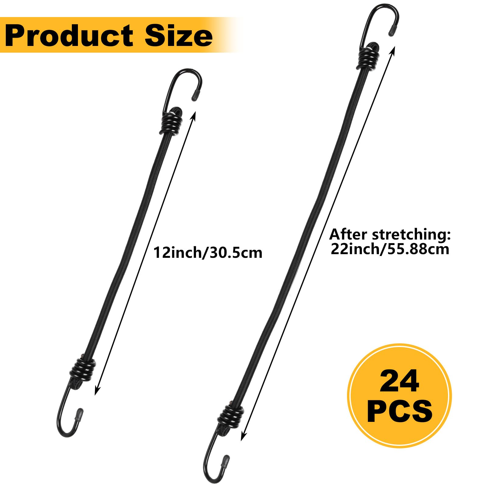 GBACHOOSE 24PCS 12-Inch Heavy Duty Bungee Cord with Hook, Superior Rubber Elastic Tie Down with Metal Hooks for Luggage Rack, Camping, Tarps, Hand Carts (Black) - Image 2