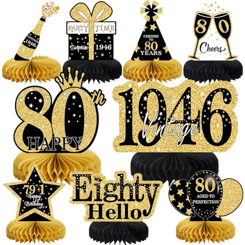 Image of 9Pcs 80th Birthday Decorations Honeycomb Centerpieces for Men Women, Black Gold Happy 80th Birthday Centerpieces Tables Toppers Party Decorations Supplies,Vintage 1946 Aged Table Sign Decor