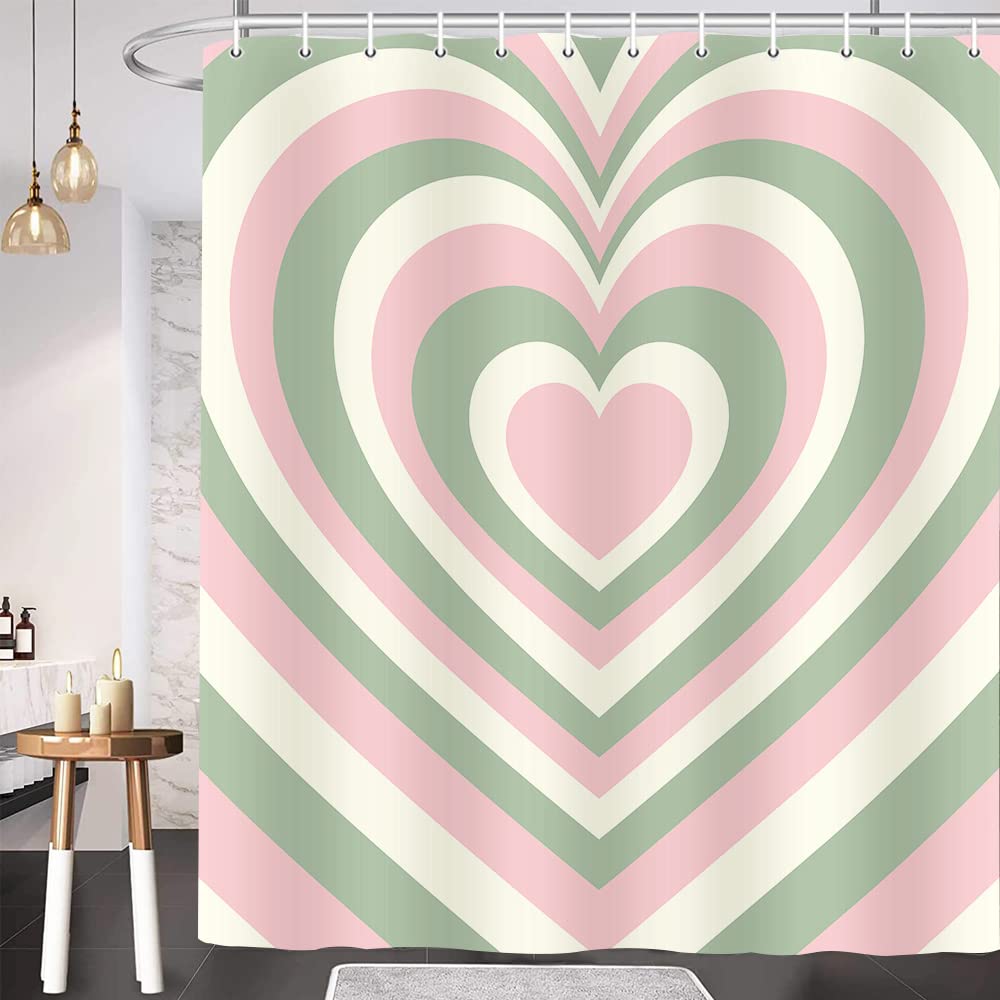 Lovely Heart Shower Curtain, Cute Green Pink Aesthetic Girl Pink Red Heart Shaped 2000s Hippie Bath Curtains, Woman Girls Bathroom Curtain Decorative