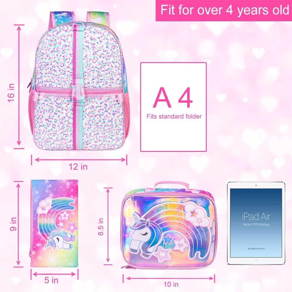 UFNDC 3PCS Unicorn Backpack for Girls, 16”Kids Sequin Bookbag with Lunch Box, School Bag for Elementary Toddler - Image 4