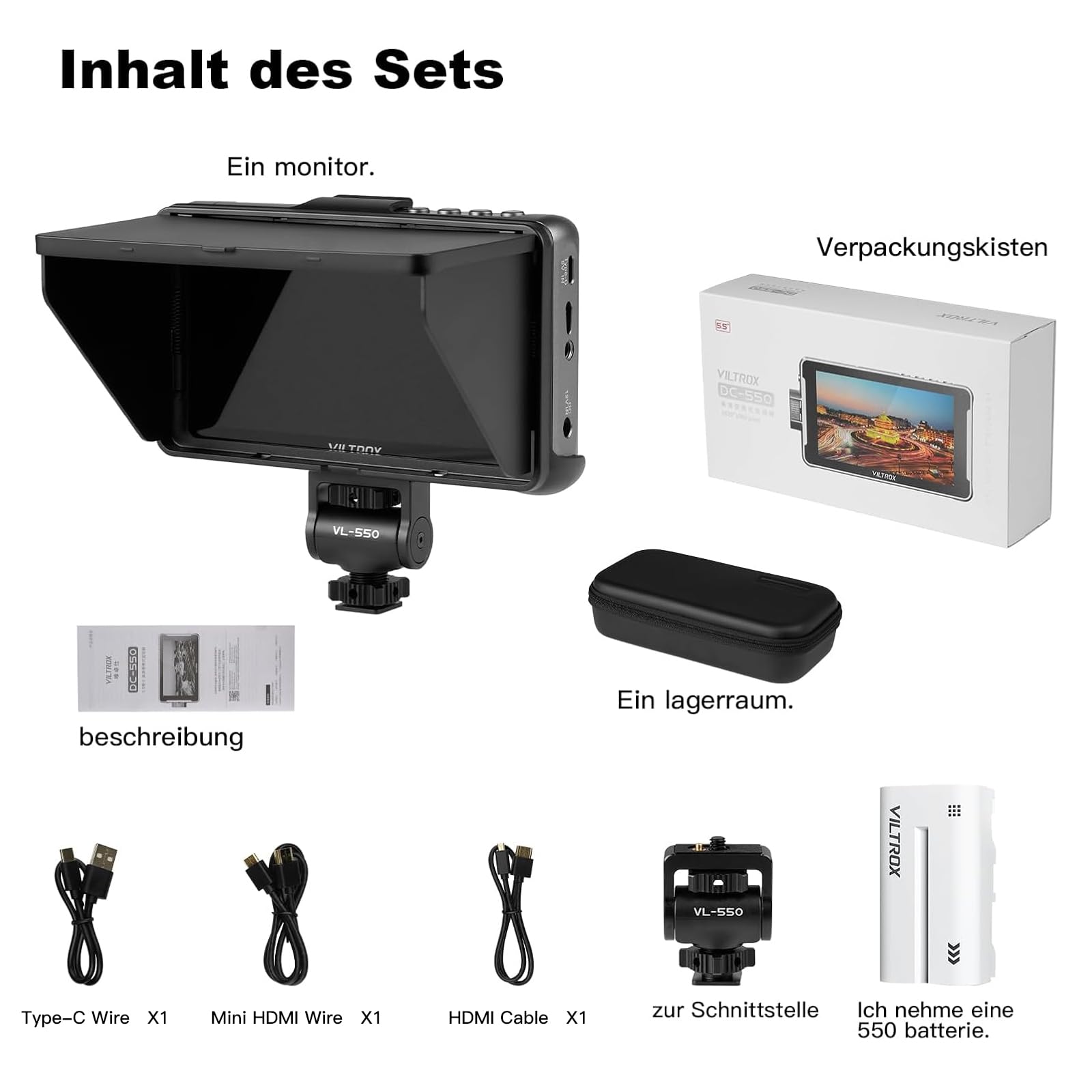 VILTROX DC-550 Monitor pola aparatu 1200 Nit 5,5 cala 4K HDMI z baterią, Full HD 1920 x 1080 IPS, 5,5-calowy 3D LUT z osłoną przeciwsłoneczną, torba do przechowywania aparatów Sony Canon, Nikon, DSLR